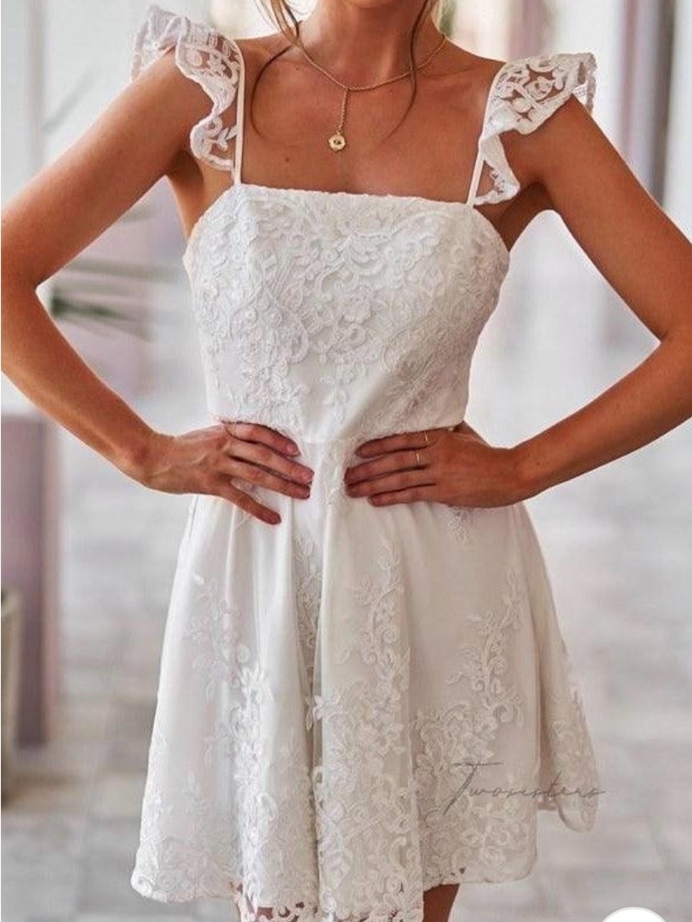 Two sisters bridal Lace-Trim White Mini Dress with Ruffled Shoulder Straps